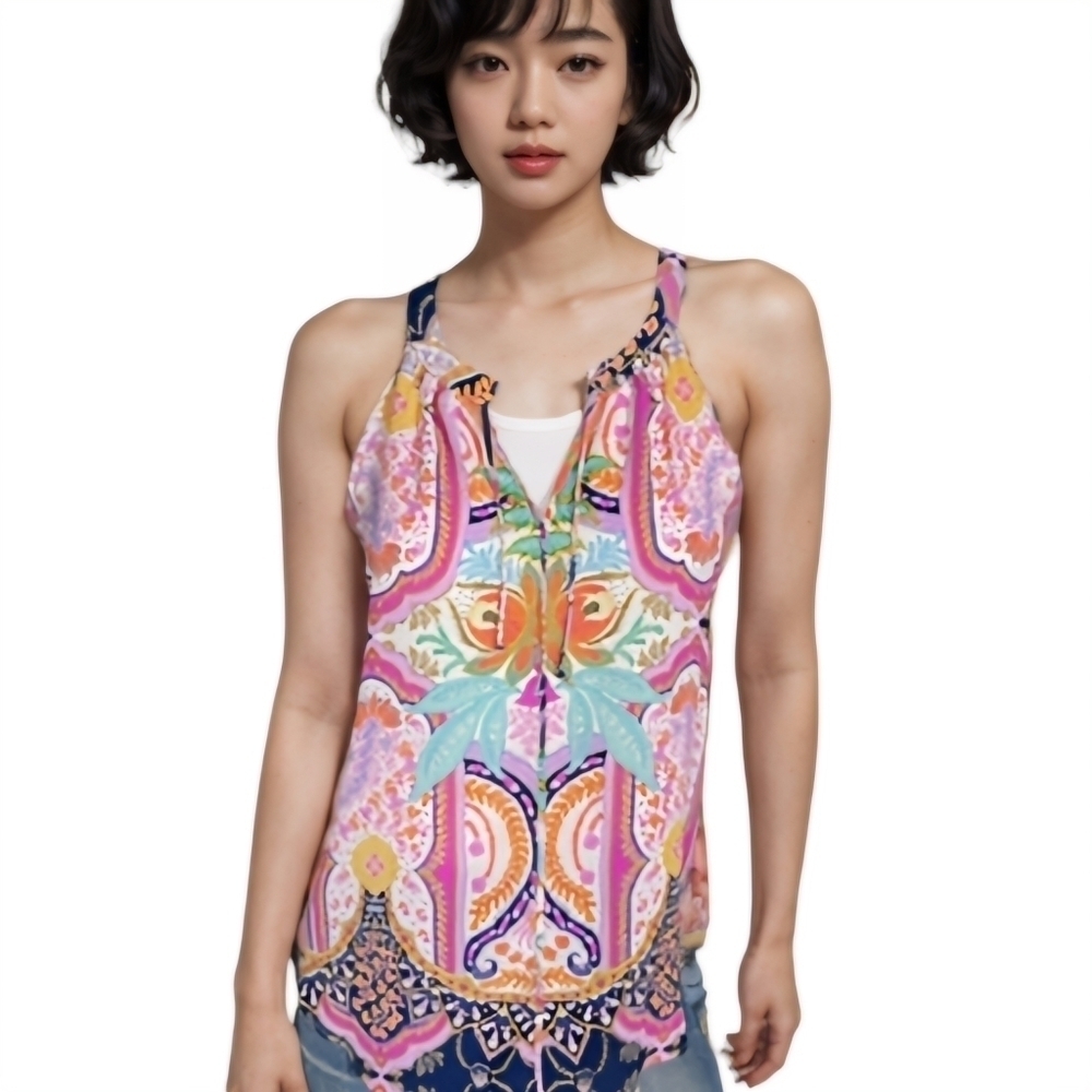 Rose&Olive Pink‎ and Blue Vibrant Tropical Floral Top With Tassels Size S NWT